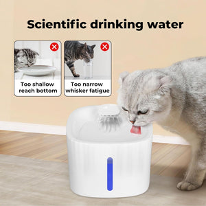 A white automatic pet water fountain with a blue vertical indicator light, shown with a gray cat drinking from it. The image includes text reading 'Scientific drinking water' and two inset diagrams with cats drinking improperly, indicating the fountain's benefits at Pet Servo