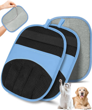 Two blue pet car seat covers with black mesh, a gray cleaning pad, and two pets on a white background at Pet Servo