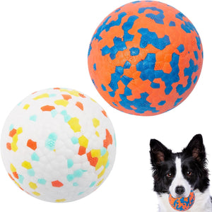 Two colorful dog balls and a dog wearing an orange ball at Pet Servo