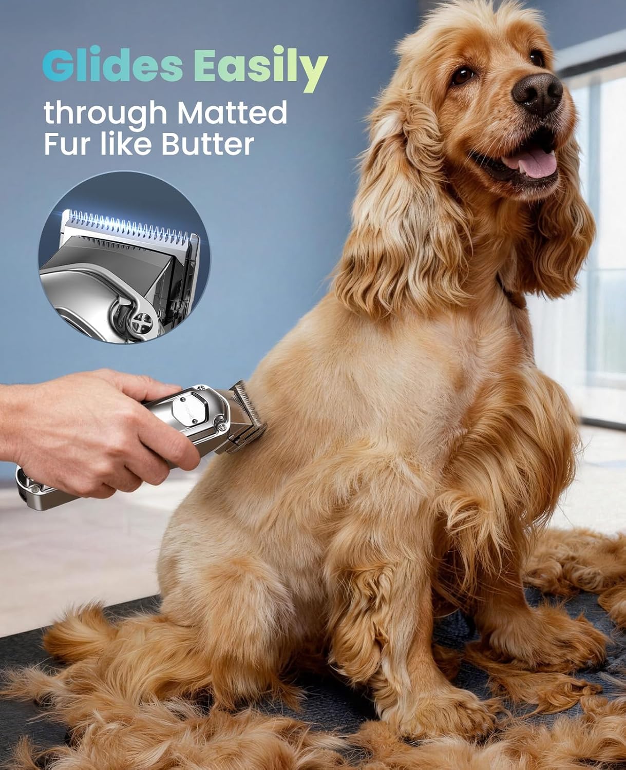 Dog being groomed with a grooming tool, text 'Glides Easily through Matted Fur like Butter' on a blue background at Pet Servo