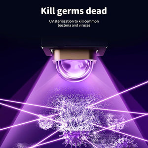 UV sterilizer lamp emitting purple light rays to kill germs, with text reading 'Kill germs dead' and 'UV sterilization to kill common bacteria and viruses' on a dark background at Pet Servo