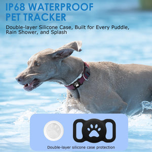 Dog wearing a waterproof pet tracker in water with text about its features at Pet Servo