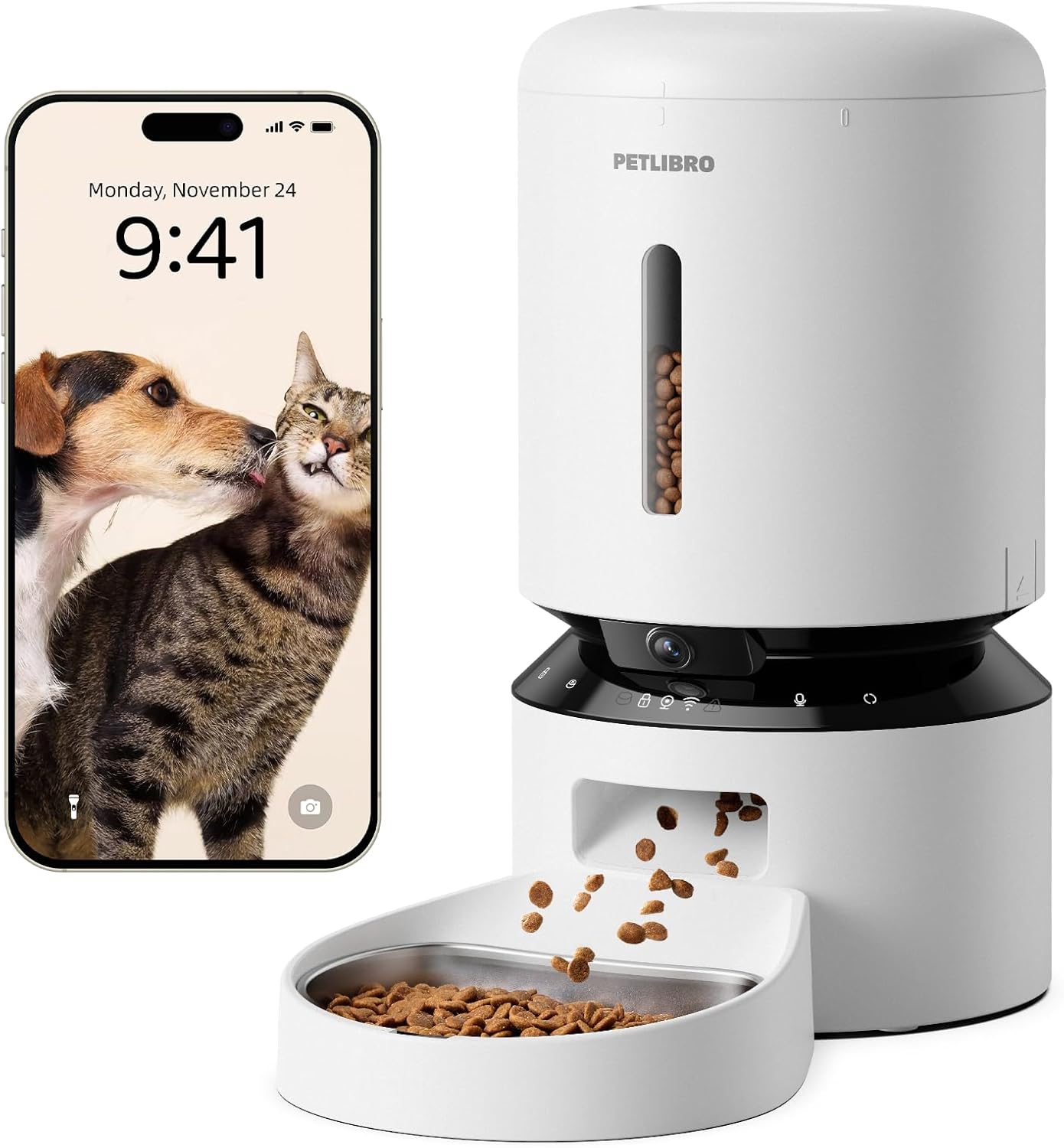 White pet feeder with smartphone displaying a dog and cat on the screen, both brand 'PETLIBRO'.