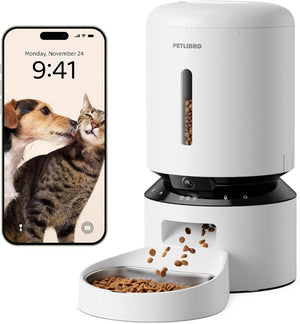 White pet feeder with smartphone displaying a dog and cat on the screen, both brand 'PETLIBRO'.