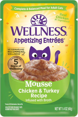 Wellness Appetizing Entrées Mousse Chicken & Turkey Recipe cat food pouch on a white background at Pet Servo