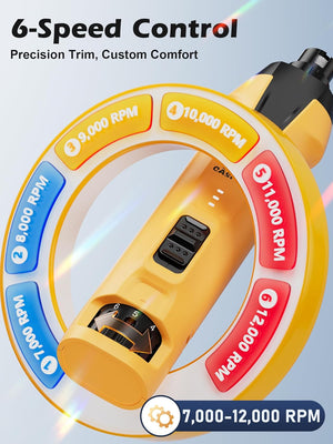 Yellow power tool with speed control dial on a light blue background at Pet Servo
