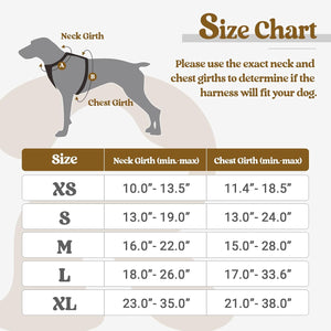 Dog harness size chart with measurements for neck and chest girths at Pet Servo