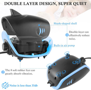 Shark-shaped air pump with double-layer design and built-in air pump, labeled features at Pet Servo