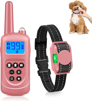 Pink dog training collar with remote control on a white background