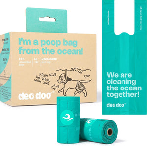Deo Doo dog waste bags packaging with text 'I'm a poop bag from the ocean!' and 'We are cleaning the ocean together!' at Pet Servo