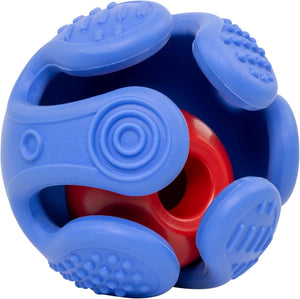 A blue and red textured silicone baby toy ball with massage and sensory bumps, shown on a solid white background at Pet Servo
