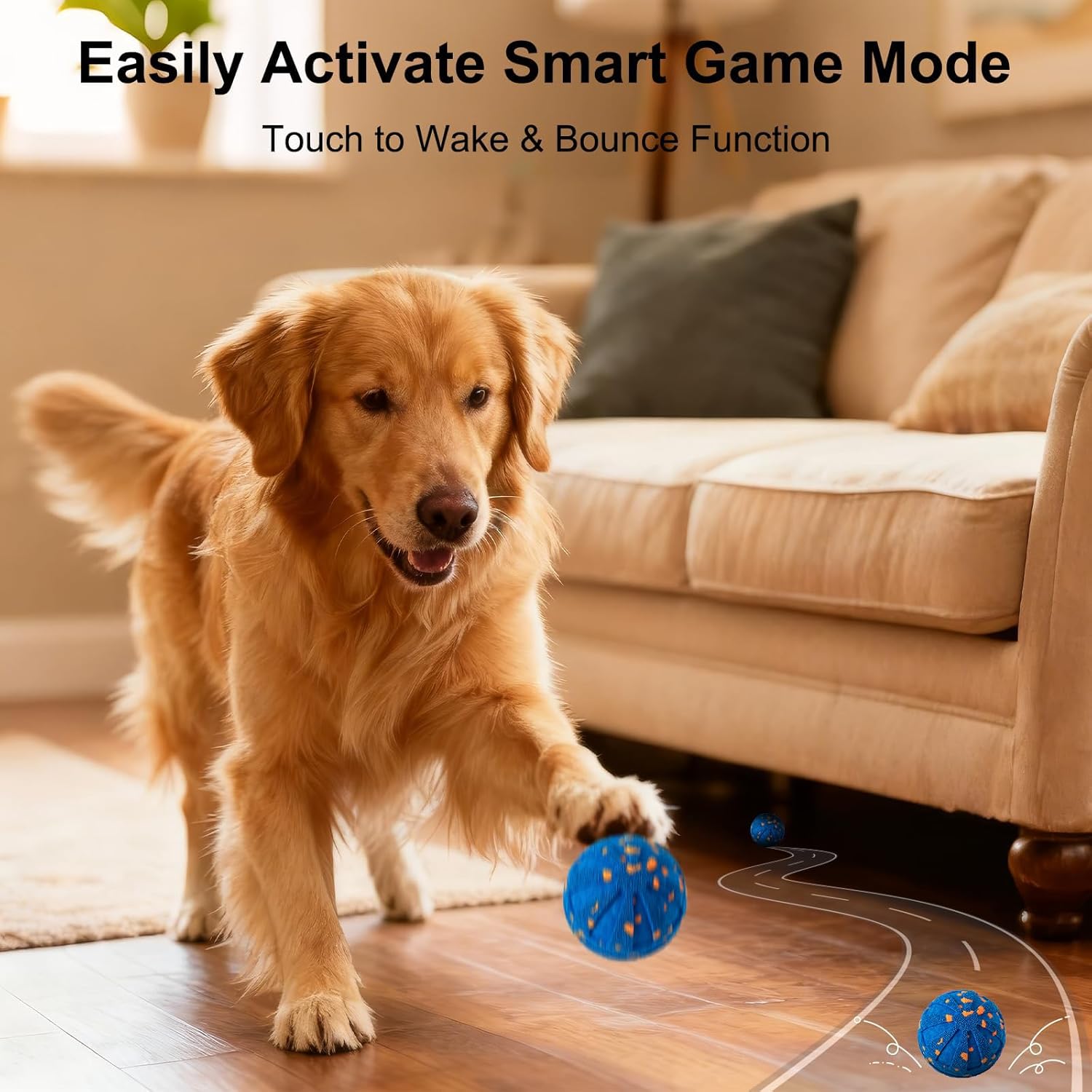 Dog playing with a blue ball in a living room with text about smart game mode at Pet Servo