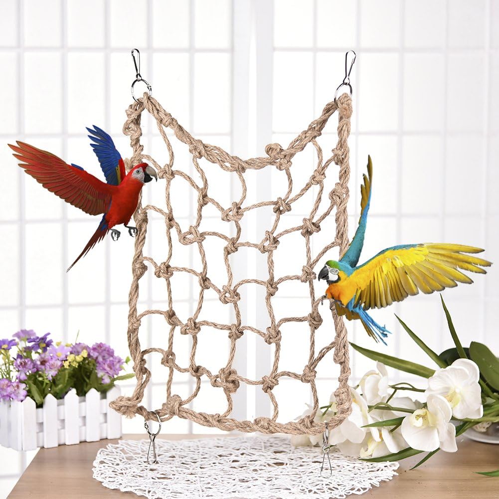 Two parrots on a rope net toy with a white grid background at Pet Servo