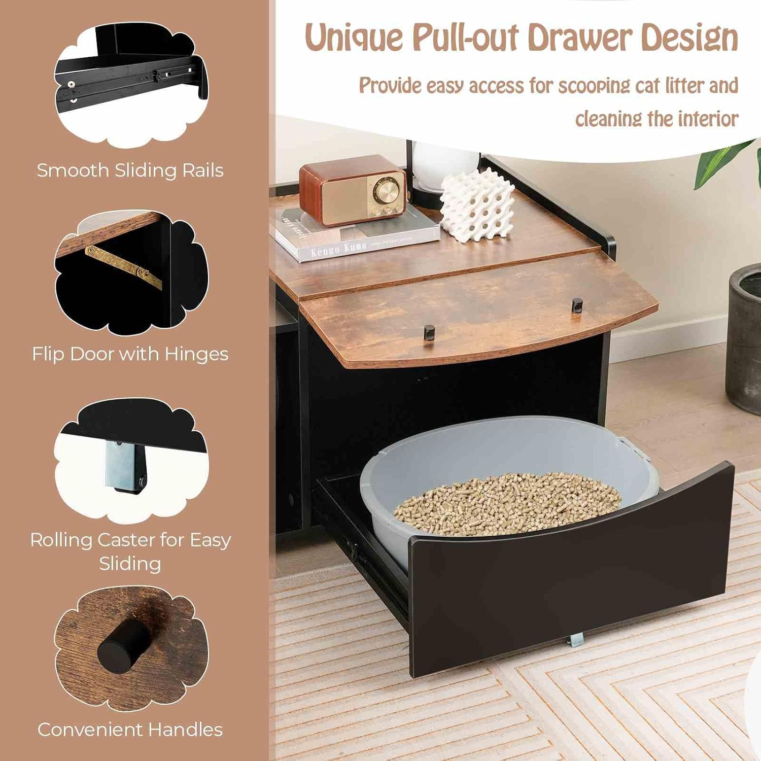 Costway - Cat Litter Box Enclosure With Pull-Out Drawer, Rolling Caster, Flip Door, Hidden Toilet, Wooden Furniture for Kitten & Large Cat