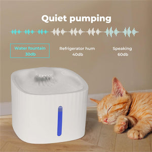 A white pet water fountain with a blue vertical accent is shown on a wooden floor next to a sleeping orange tabby cat. Text at the top reads 'Quiet pumping' with sound level comparisons to water fountains, refrigerator hum, and speaking at Pet Servo
