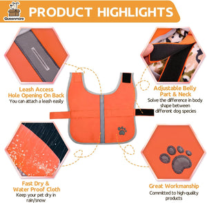 Orange dog vest with features highlighted on a white background at Pet Servo