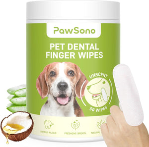 PawSono Pet Dental Finger Wipes container with a dog on the label and a hand holding a wipe at Pet Servo