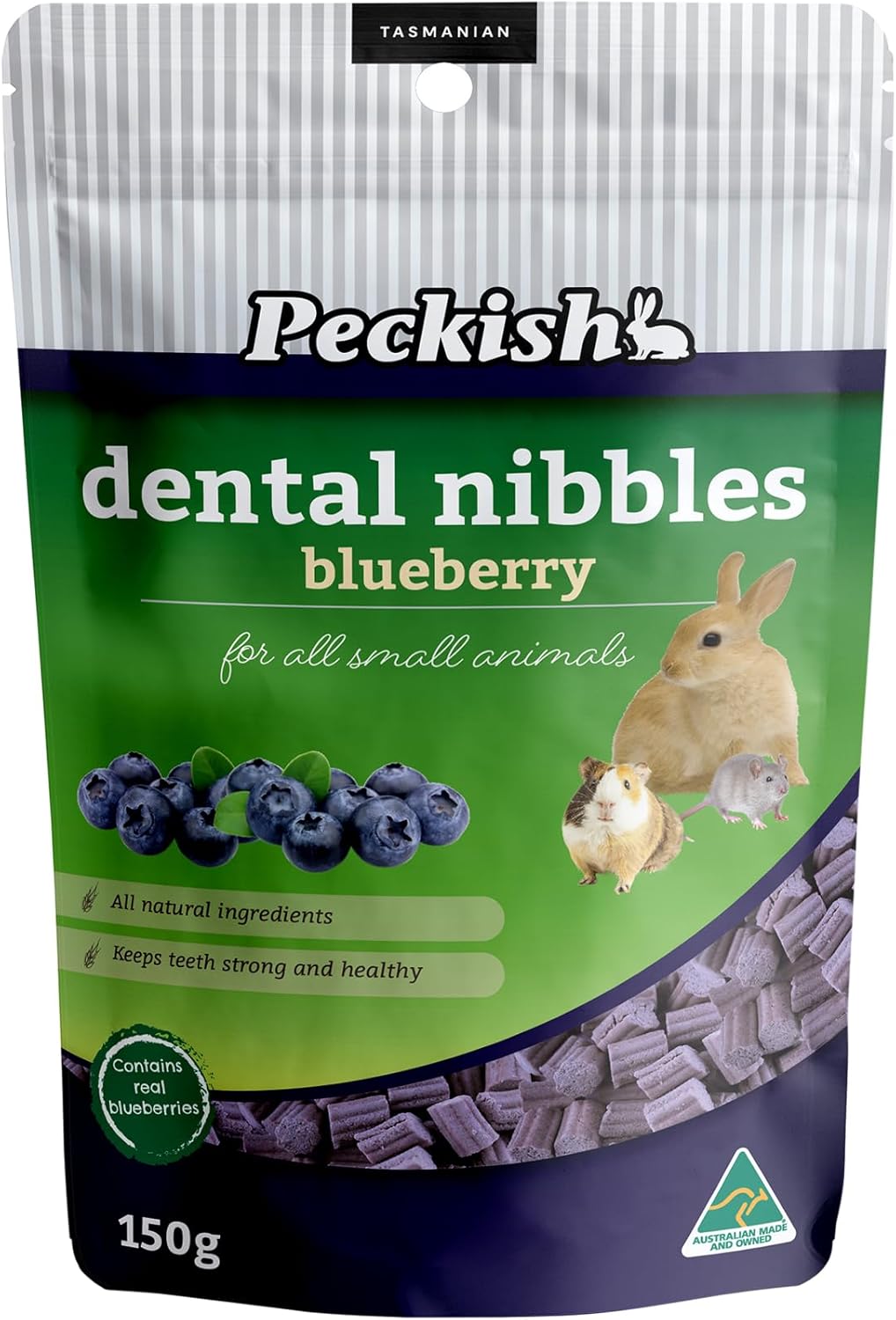 Package of Peckish dental nibbles for small animals with blueberries on a green background at Pet Servo