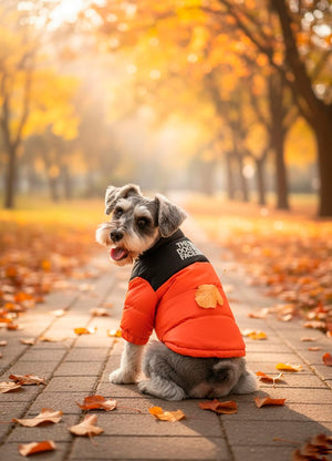Dog wearing an orange coat in a park with autumn leaves at Pet Servo