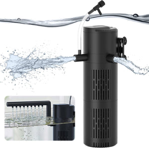 Black aquarium filter with water flowing out, inset showing filter mechanism at Pet Servo