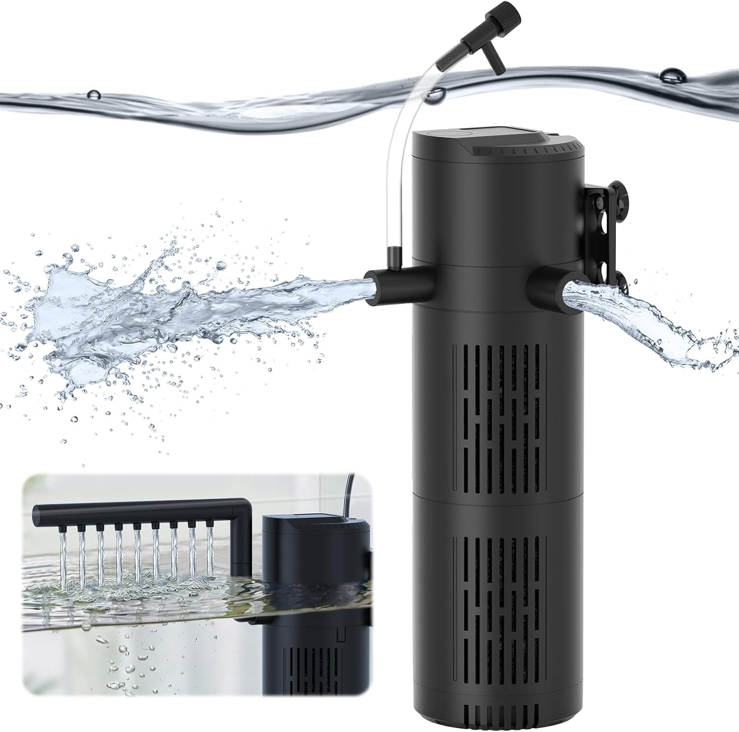 Black aquarium filter with water flowing out, inset showing filter mechanism at Pet Servo