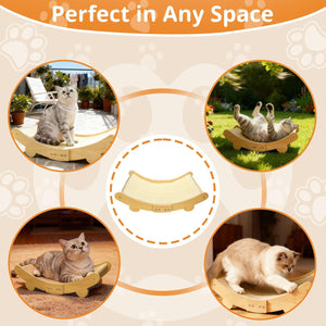 Cat lounging on a curved wooden platform in various settings with text 'Perfect in Any Space' at Pet Servo
