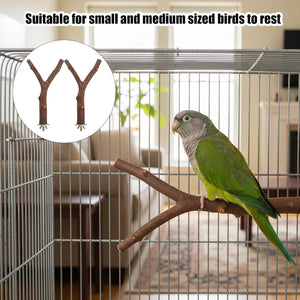 Green parrot on a branch inside a birdcage with an inset showing two wooden branches at Pet Servo