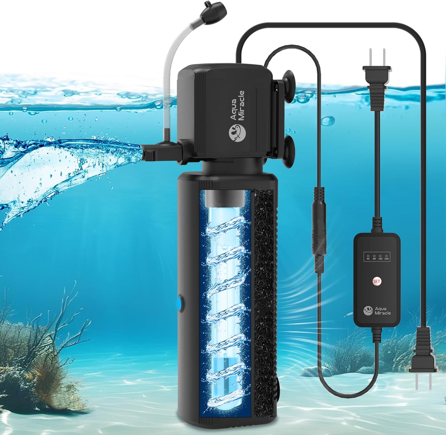 Aquarium filter with power cable on a background of underwater scenery at Pet Servo