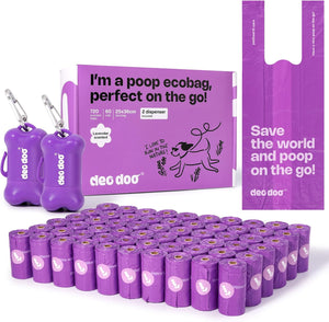 Purple eco-friendly dog waste bags with dispensers and packaging on a white background at Pet Servo