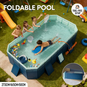 A foldable octagonal pool shown outdoors on grass with four children playing in the water, plus text reading 'FOLDABLE POOL,' 'TOOL-FREE SETUP,' and size information. The image includes lifestyle context and inset detail graphics, so this is not a clean Product/Packaging shot.