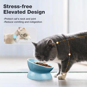 Cat eating from a blue elevated food bowl with text about stress-free design benefits at Pet Servo