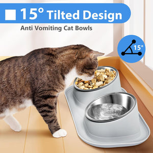 Cat using an anti-vomiting cat bowl with a 15-degree tilted design on a light wooden floor at Pet Servo