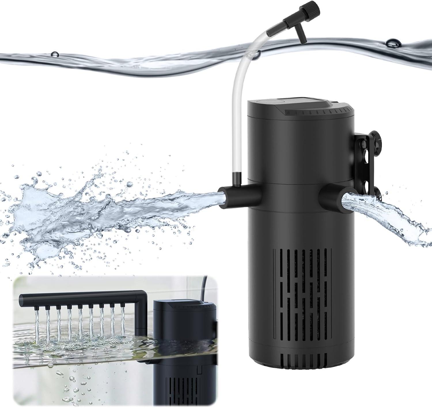Black aquarium filter with water flowing and close-up inset on a white background at Pet Servo