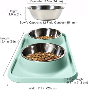Pet feeding station with two bowls containing food, showing measurements on a white background at Pet Servo