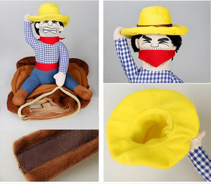 Collage of a toy figure with a yellow hat, checkered shirt, and red bandana, sitting on a brown horse, with close-up shots of the hat and horse.