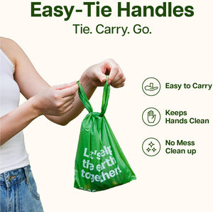 A person's hands holding a green reusable plastic bag with a tie handle, shown against a light cream background with promotional text and icons about easy carrying, clean hands, and no mess at Pet Servo
