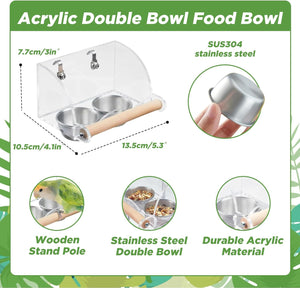 Acrylic double bowl food bowl with stainless steel bowls, wooden stand pole, and durable acrylic material on a green background at Pet Servo