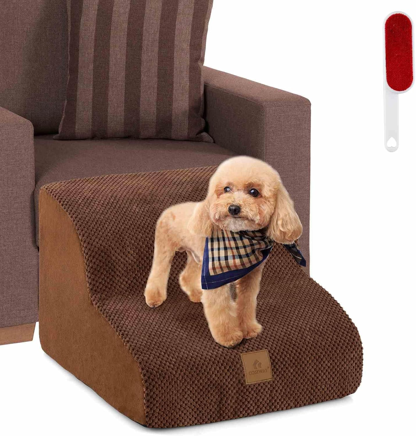 Costway - 2-Tier Dog Stairs Foam Pet Ramp - Brown