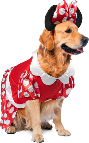 A golden retriever dog wearing a Minnie Mouse-inspired costume, featuring a red dress with white polka dots, a white collar, and a matching red bow with black ears on a white background at Pet Servo