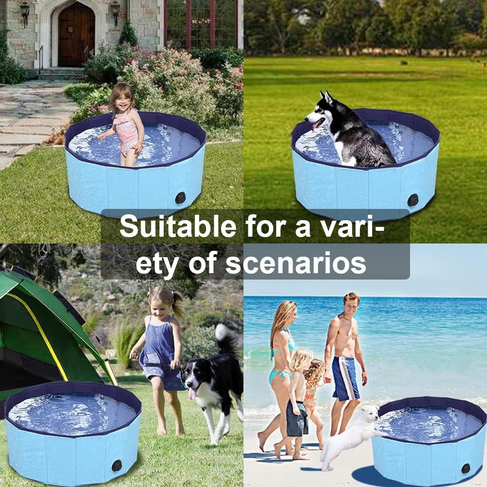 Collage of a portable dog pool used outdoors with people and pets in various settings at Pet Servo