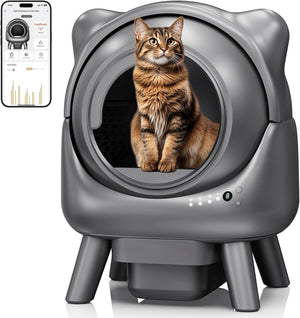 Gray pet dryer with a cat inside, smartphone app on the left at Pet Servo