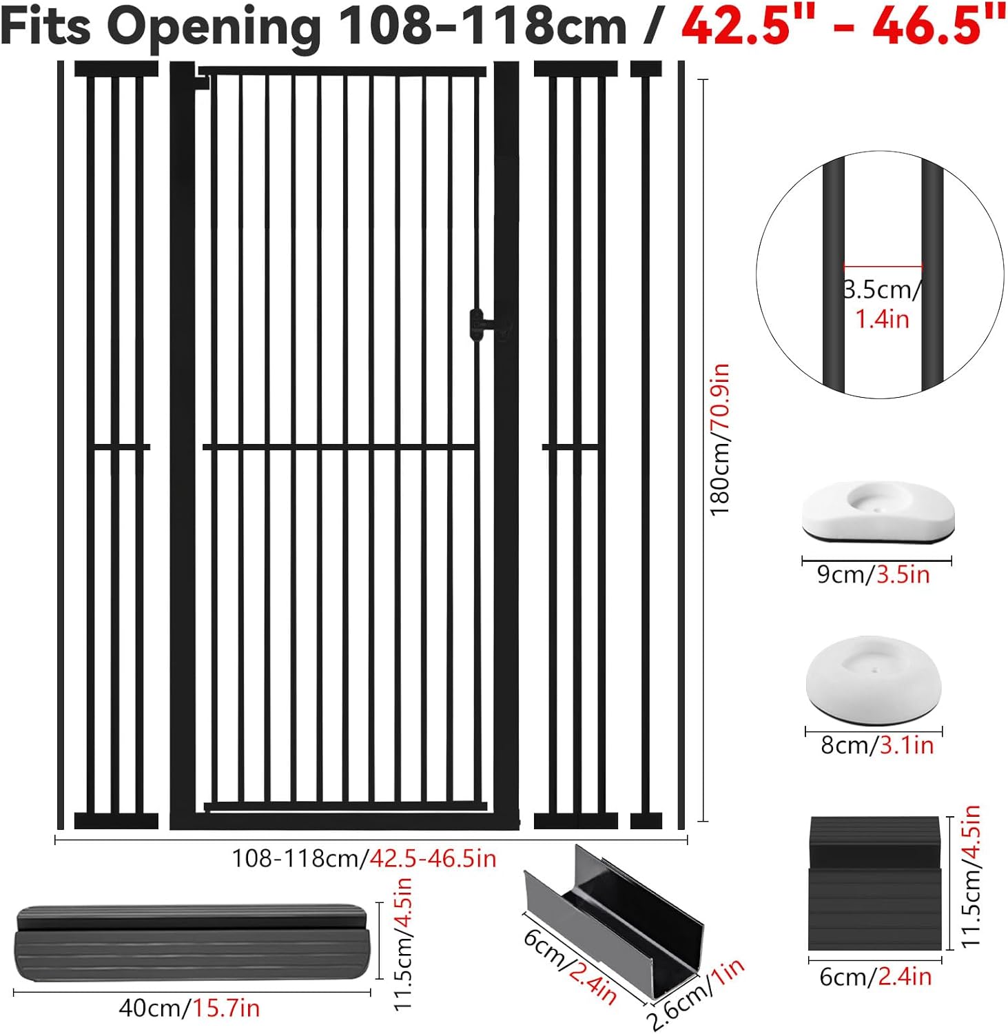 Black metal gate with dimensions and measurements displayed