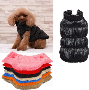 Dog wearing a black puffer vest with a stack of colorful vests and a close-up of a black puffer vest on a white background at Pet Servo