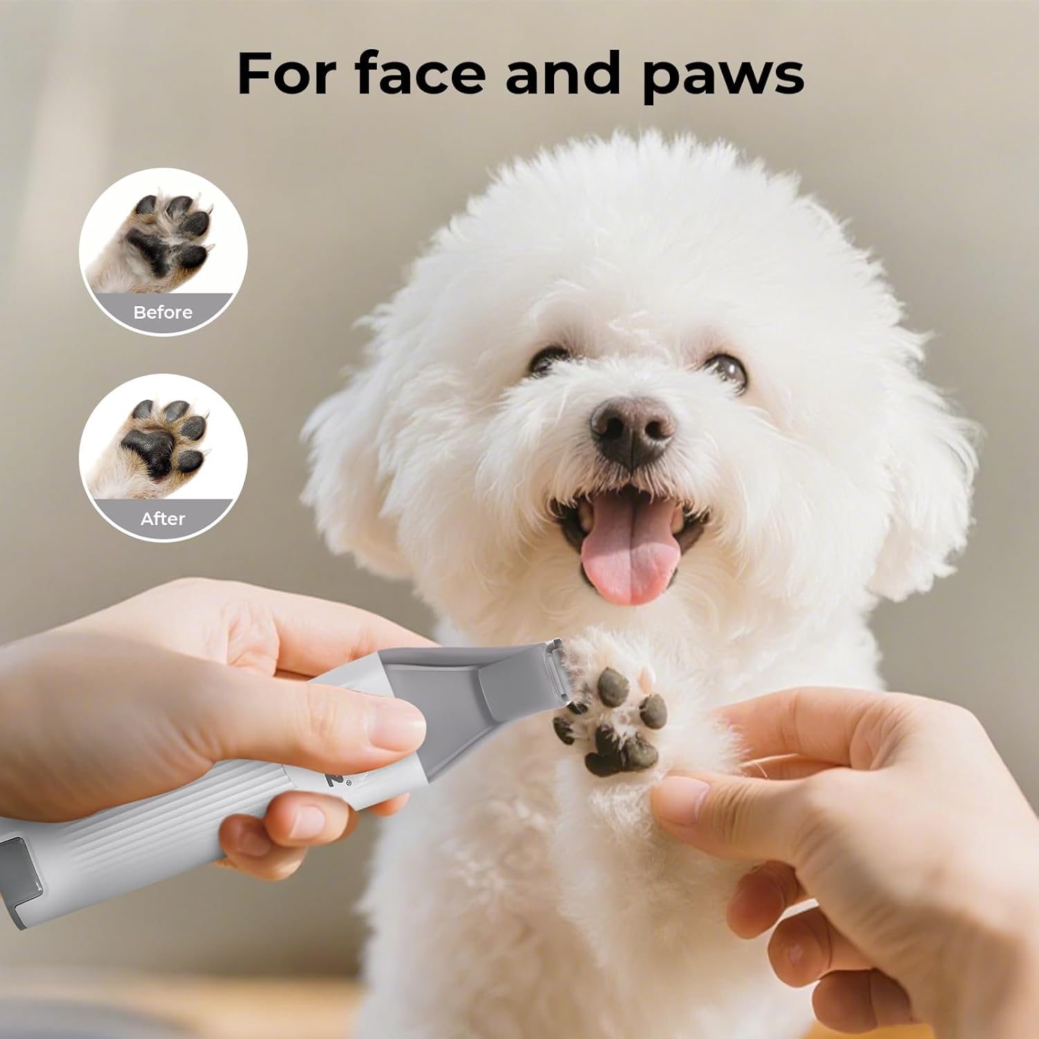 A small white dog is shown with a person's hands using an electric pet nail clipper on its paw, with before-and-after circular insets and the text 'For face and paws' at the top at Pet Servo