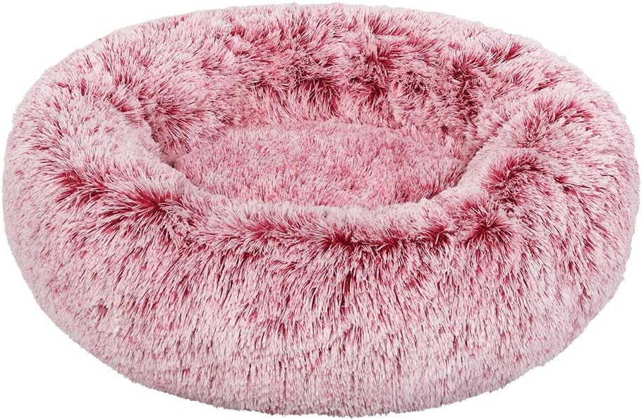 Pink fluffy donut pet bed on a white background at Pet Servo