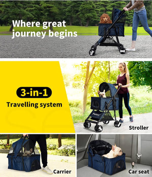 A collage showing a navy blue 3-in-1 pet stroller travel system in use outdoors. The collage includes a top panel with a dog in the stroller and a person pushing it, a yellow panel with the text '3-in-1 Travelling system', a bottom-left panel showing the stroller folded into a carrier, and a bottom-right panel showing the stroller placed in a car seat at Pet Servo