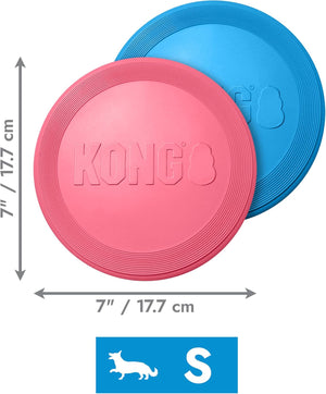 Two KONG dog frisbees, one pink and one blue, with measurements on a white background at Pet Servo