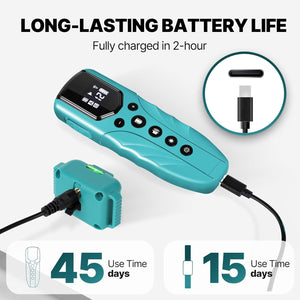 Teal electronic device with charging cable and text about long-lasting battery life on a white background at Pet Servo