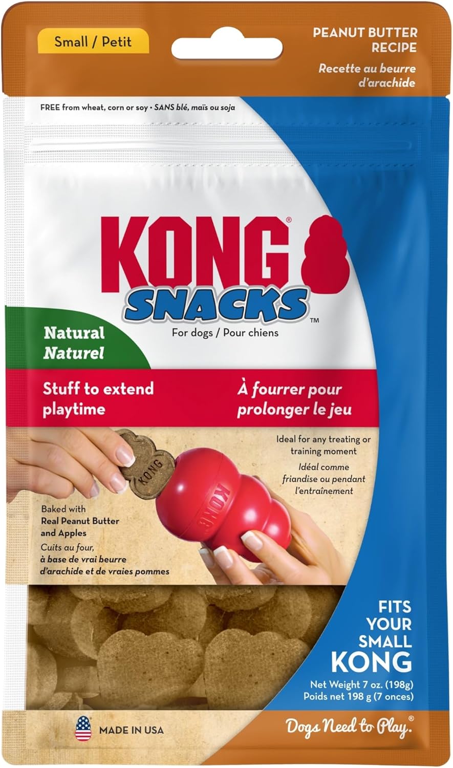 Kong Snacks Small Peanut Butter Recipe dog treats in a resealable bag with a clear window showing tan round treats. The package has a blue and brown design with red and green branding and a photo of hands holding a red Kong toy at Pet Servo