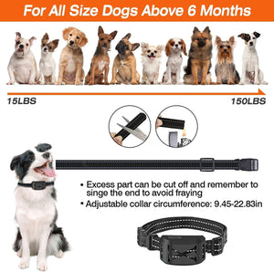 Dog collar with size chart for dogs over 6 months, showing different dog breeds and a black collar at Pet Servo